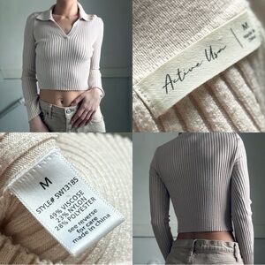 Active USA Ribbed Long Sleeve Crop Top – Neutral Cream | Size M